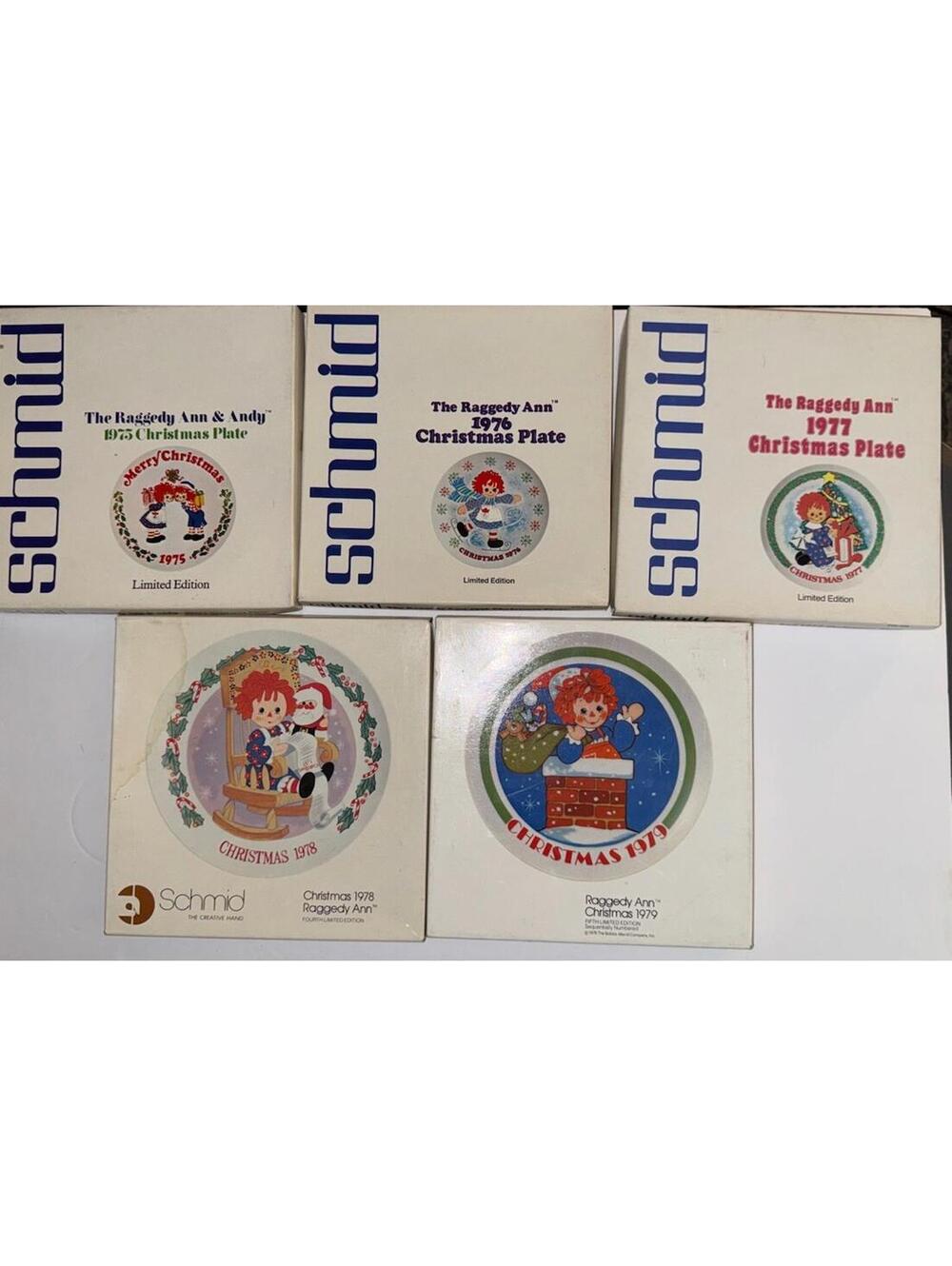 Schmid Raggedy Ann & Andy Limited Edition Christmas Plates 1975-1979 Set of 7
